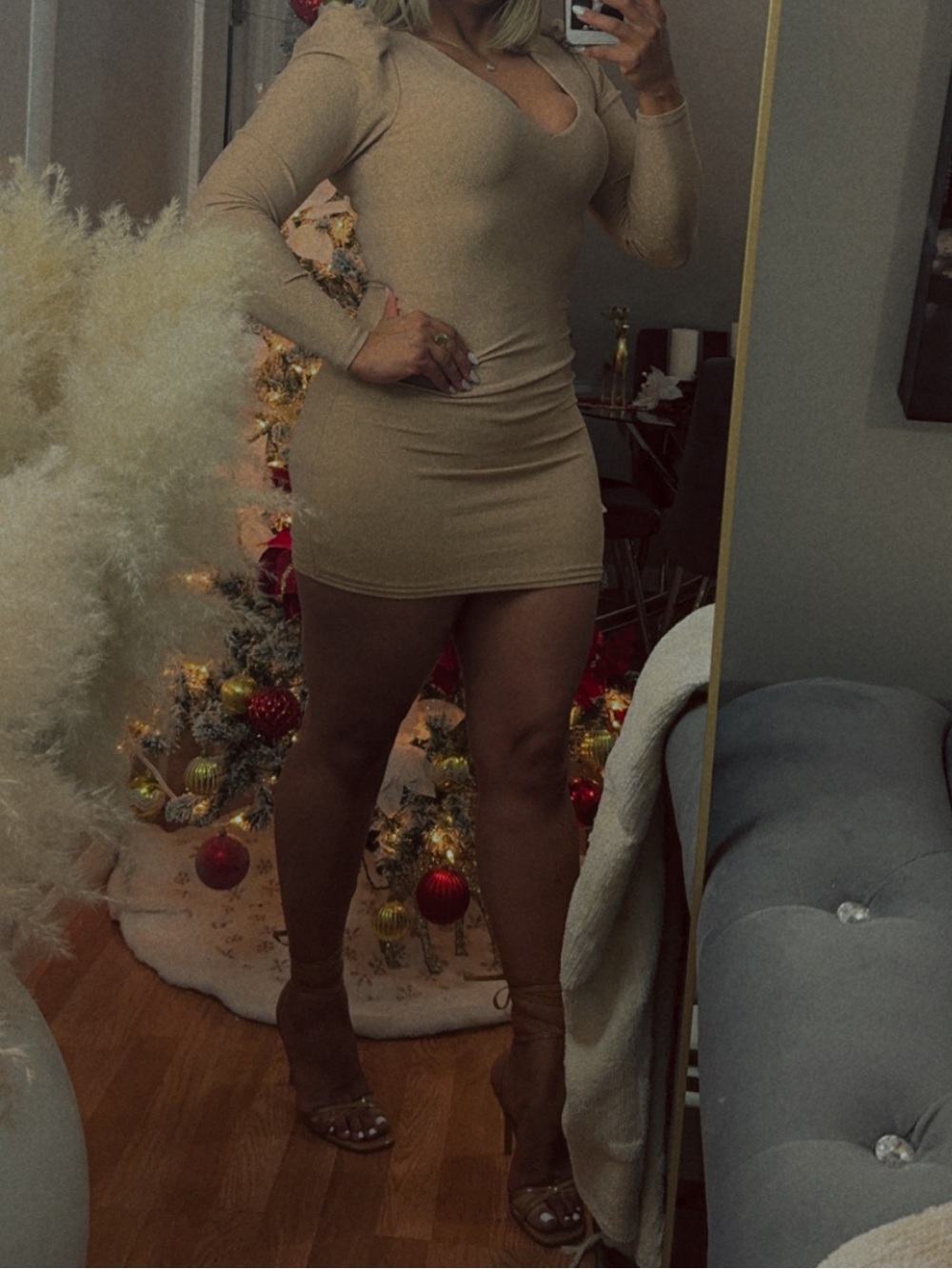 Guess Shimmery Nude Puff-Sleeve Jumpsuit